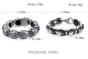 Detailed comparison of vintage silver skull bracelets in two sizes with weight specifications
