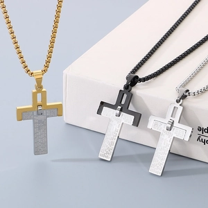 Stainless Steel Cross Pendant Necklace For Men Bible Verses Lord's Prayer Engraved Two-Tone Punk Hip Hop Religious Jewelry