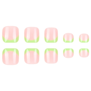Pink and mint green French tip toenail press-ons in a glossy short square design