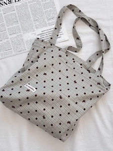 Chic canvas tote bag with grey checkered pattern and red polka dots and bow embroidery