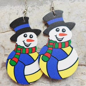 Detailed view of snowman leather earrings featuring textured football and baseball patterns