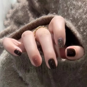 Brown Glitter Autumn Fashion Press On Nails 24Pcs Short Square Round Finish Full Cover False Nails For Women Daily Nail Art