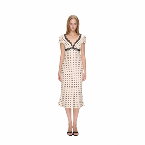 Women French Retro Midi Dress Sexy V Neck Polka Dot Black Lace Trim Puff Sleeve Open Back Polyester Satin