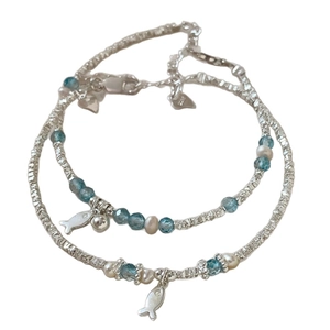 Ethnic style S925 silver bracelet with blue beads, pearls, and a fish pendant charms