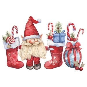 Watercolor Christmas gnome stickers with festive stockings and gift box decorations