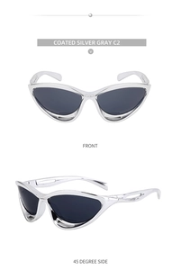 Front and 45-degree side views of silver y2k futuristic cat-eye sunglasses with gray lenses