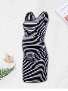 Detailed close-up of navy and white striped maternity dress with ruched side seams