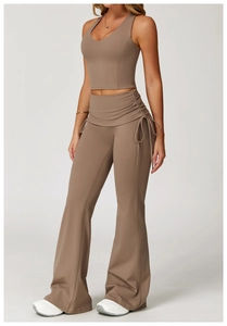 Mocha yoga set featuring a racerback top and high-waist flared pants with side drawstring details