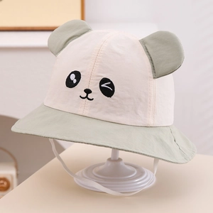 Detailed view of baby sun hat with cute panda ears, embroidery and windproof chin strap
