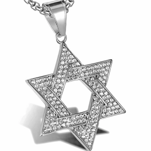 Vintage stainless steel Star of David necklace with clear crystals for men and women
