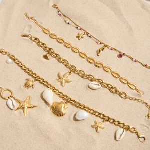 Vintage Stainless Steel Ocean Bracelet With Shell And Artificial Pearl Charms Electroplated Women Vacation Jewelry Gift