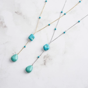 Bohemian Y-shaped S925 silver necklace with teardrop turquoise pendant in gold and silver