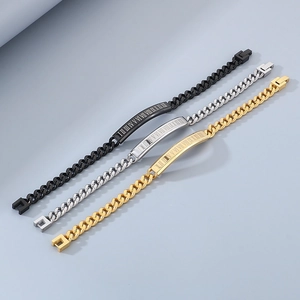 Men's stainless steel Roman numeral curved plate bracelet in black, silver and gold