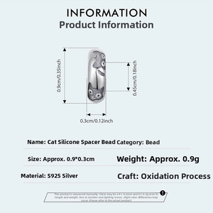 Detailed product specifications for S925 sterling silver cat shaped silicone spacer beads