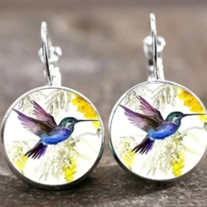 French hook earrings with round hummingbird and yellow flower glass cabochon