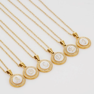 Gold plated stainless steel round pendant necklaces with white shell inlay and initial letters