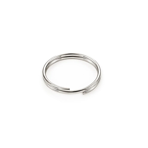 Macro detail of silver stainless steel split ring connector with double-loop spiral structure