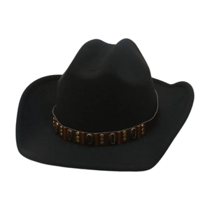 Classic black felt cowboy hat featuring vintage brown band with copper metal ornaments