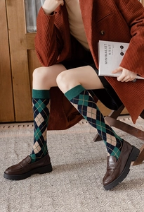 Detail of argyle knee-high socks in navy and green with classic knitted texture