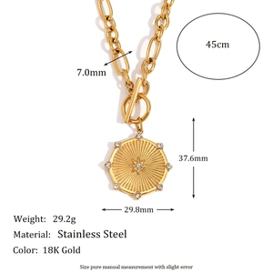 18K gold plated stainless steel thick chain necklace with starburst disc and OT toggle clasp