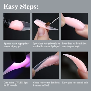 6-step poly nail gel kit guide showing application process with UV light and pink gel