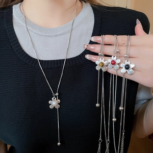 Women Long Necklace Silver Tone Alloy Five Petal Flower Pendant Y Shaped Lariat Adjustable Sweater Chain Tassel Jewelry