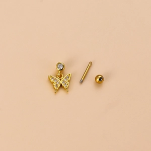 Gold butterfly cartilage stud earring with cubic zirconia butterfly pendant and ball back