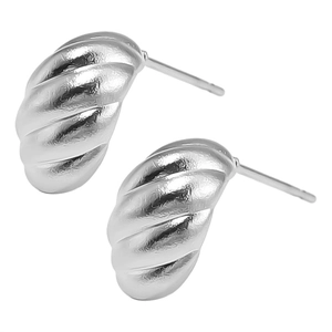 Detail of silver 304 stainless steel croissant earrings with textured ribbed design