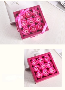 Detail of nine deep pink gradient soap roses in a square gift box with silk ribbon bow