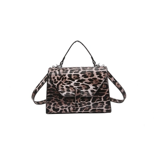 Stylish leopard print handbag with top handle and detachable strap on white background