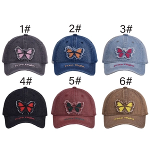 Distressed wash cotton baseball caps with butterfly patch in six vintage colors
