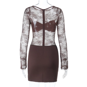 Detail view of the deep brown lace dress featuring an open back and a zipper closure