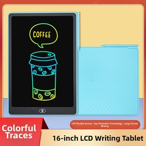 Detail of 16 inch LCD writing tablet showing colorful handwriting and blue non-slip back