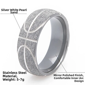Detalle de anillo de baloncesto para hombre en acero inoxidable arenado con banda interna pulida