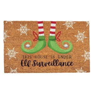 Christmas rectangular brown coir doormat with Elf Surveillance text design