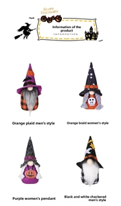 Detailed collection of four Halloween gnomes with felt hats and braided artificial hair
