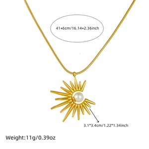 Golden sunflower pearl pendant necklace with size dimensions on a white background