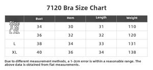 Detailed size chart for model 7120 sports bra featuring S to XL measurements and dimensions