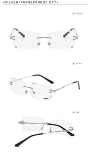 Three-angle view of silver rimless rectangular sunglasses with transparent lenses C17