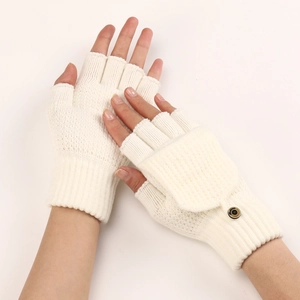 Detail of cream striped convertible knitted gloves with button flap and fingerless design