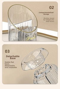 Detail view of rotating makeup brush holder with gold rim and internal dividers
