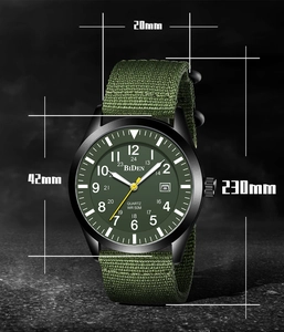 Detailed size specifications for the military quartz watch with green nylon strap