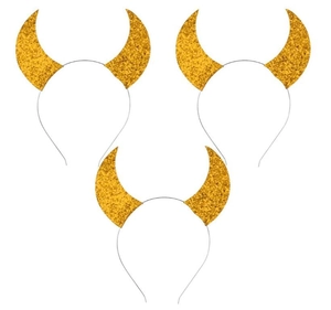 Detailed view of three golden sequin devil horn headbands for Halloween costumes