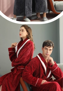 Detail showing plush thick red and grey flannel bathrobes with waffle texture and belt