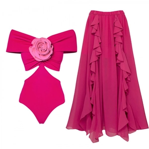 Rose pink cut-out swimsuit and tiered chiffon maxi skirt set with 3D floral accent