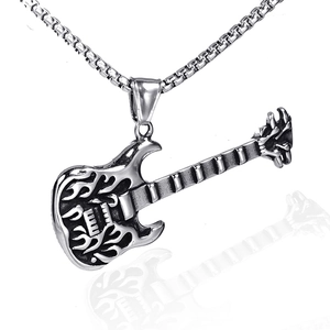 Polished stainless steel flame guitar pendant necklace with box chain on white background