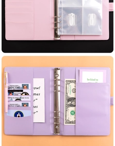 Detail of PU leather 6-ring binder showing card slots and transparent budget envelopes