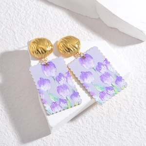 18K gold stainless steel earrings with purple tulip pendants on geometric blocks