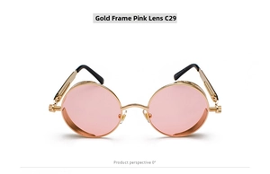 Detailed front view of gold frame punk sunglasses with round pink lenses and C29 model code