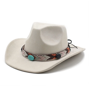 Beige faux suede wide brim western cowboy hat with ethnic chevron woven band decor